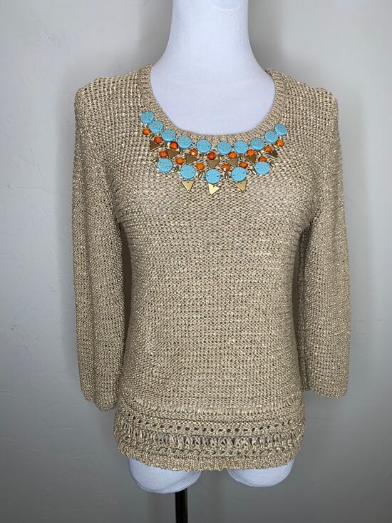 Ruby Rd. Sweaters - Gold Beaded Sweater Size Small Petite Turquoise Gold Rust Beads Western